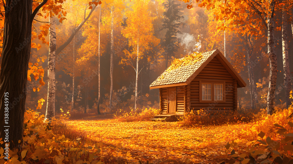 Fototapeta premium A small wooden cabin nestled in a picturesque autumn forest, with golden and amber leaves covering the ground.