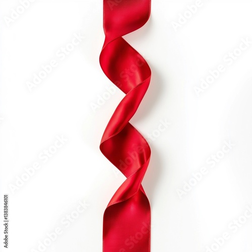 Vertically Twisted Red Satin Ribbon Isolated on White Background, Elegant Curled Streamer for Gift Wrapping