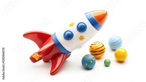 Toy rocket ship with stars and planets on pure white background