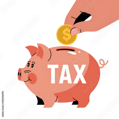 Tax Piggy Bank with Coin – Financial Savings Concept