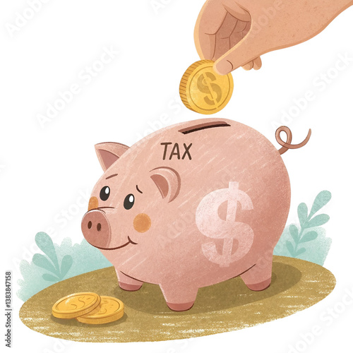 Tax Piggy Bank with Coin – Financial Savings Concept