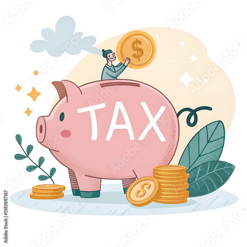 Tax Piggy Bank with Coin – Financial Savings Concept