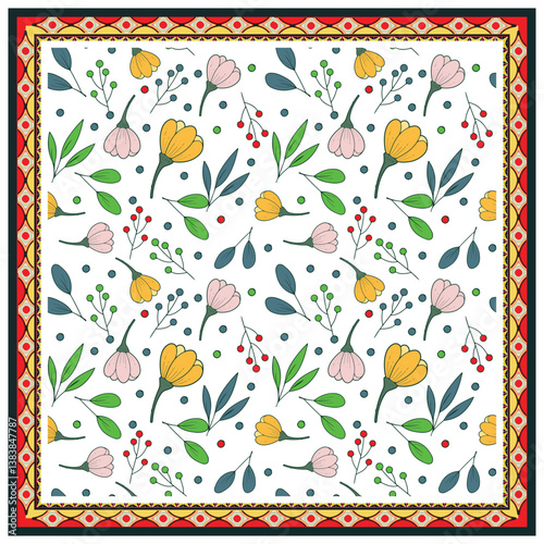 Colorful square print scarf, floral pattern featuring yellow and pink flowers, green leaves, and berries, framed with a decorative border, it could be used as a wallpaper, fabric design, pillow cover