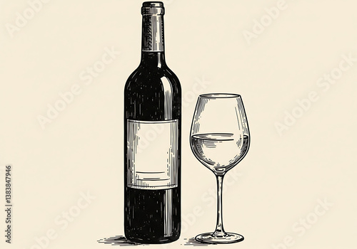 Wine bottle and glass illustration for wine tasting and beverage concept