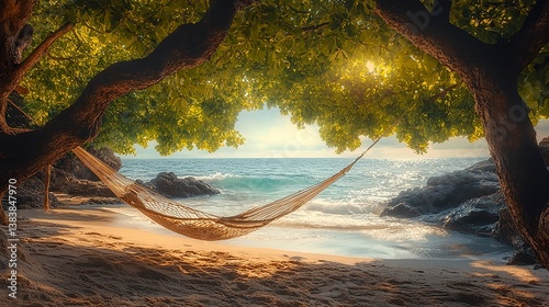 A peaceful beach with gentle waves lapping the shore, a hammock swaying in the breeze, and a person relaxing in the shade with a good book