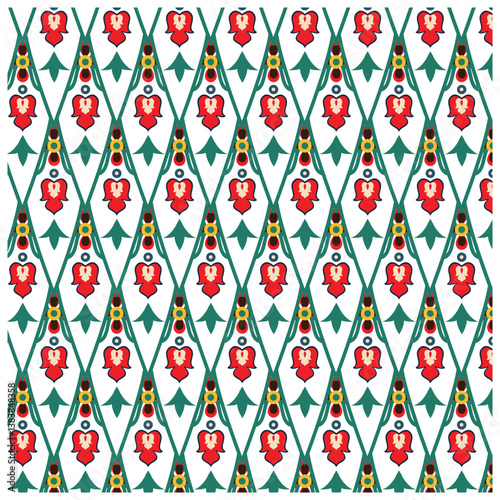 Repeating floral pattern featuring red roses with green leaves and yellow accents on a white background, it could be used as a wallpaper, fabric design, pillow cover and curtains 