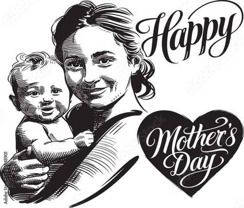 Happy Mother's Day Illustration with Mother and Baby