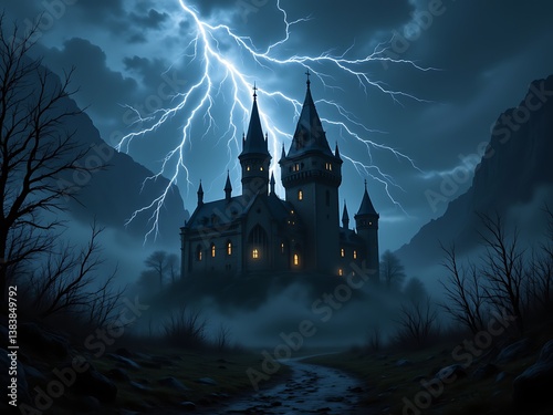 â€œA gothic castle under a violent thunderstorm with jagged lightningâ€