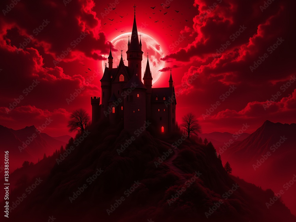 “A vampire castle perched on a cliff under a blood red stormy sky†“A vampire castle perched on a cliff under a blood red stormy skyâ€