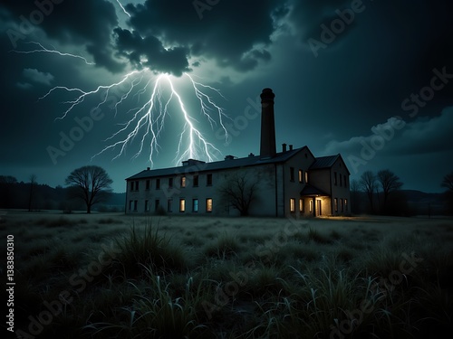 â€œAn abandoned factory illuminated by sudden lightning flashesâ€