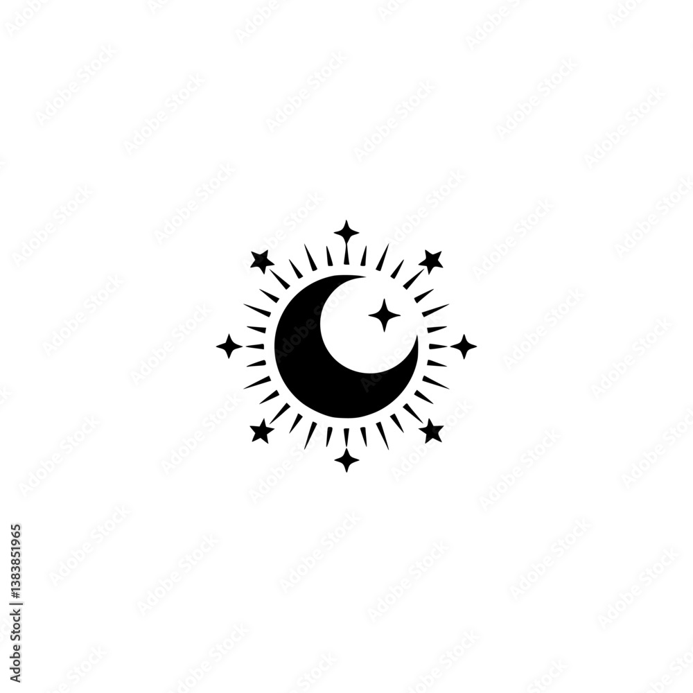 Fototapeta premium Celestial Crescent Moon and Stars Logo, Minimalist Black on White Design