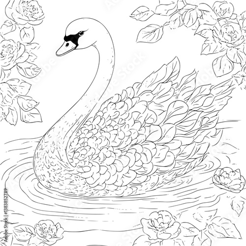 Swan coloring book vector art, Swan vector illustration