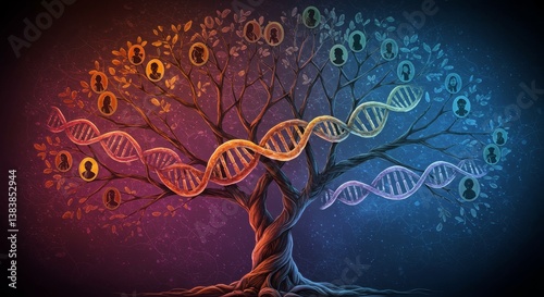 Family Tree of Life: Genetics and Heritage - A symbolic tree intertwines DNA strands with family portraits, representing the connection between genetics and ancestry