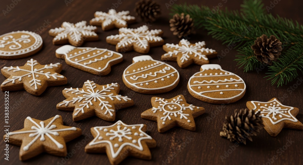 Fototapeta premium Festive Gingerbread Cookies and Pine Cones - Christmas baking, winter holidays, sweet treats, festive decorations, cozy atmosphere