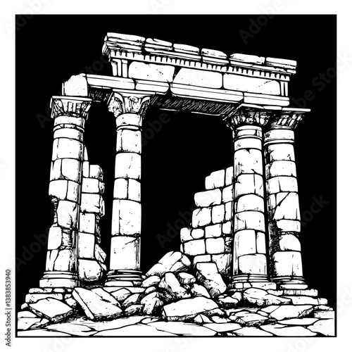 Ancient ruin coloring book vector art, Ancient ruin illustration art