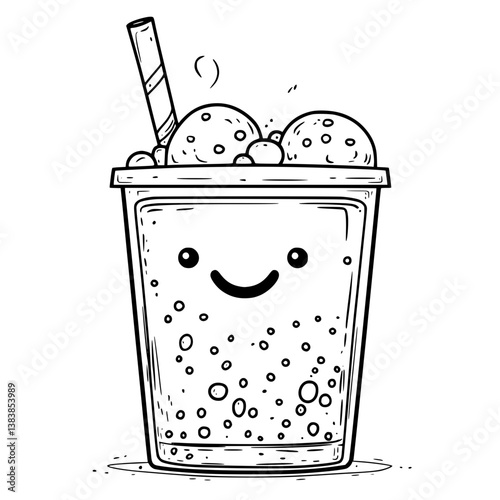 Bubble tea with smiling face coloring book vector art, Bubble tea with smiling face illustration art