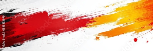 An abstract background featuring dynamic strokes of red, orange, and yellow against a white backdrop