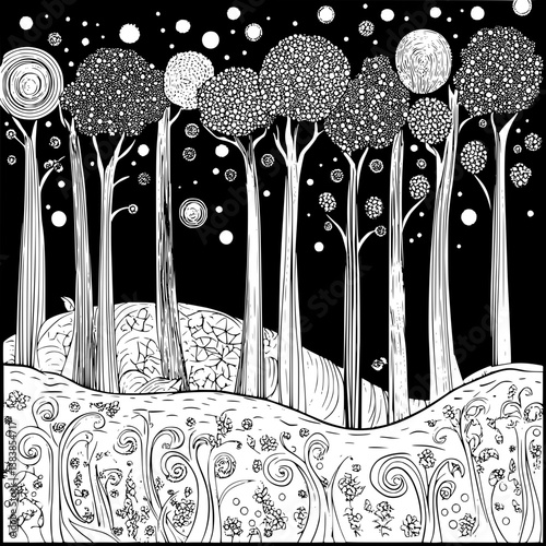 Enchanted forest coloring book vector art, Enchanted forest illustration art photo