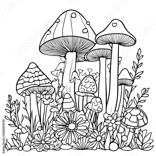 Fairy ring mushroom coloring book vector art, Fairy ring mushroom illustration art