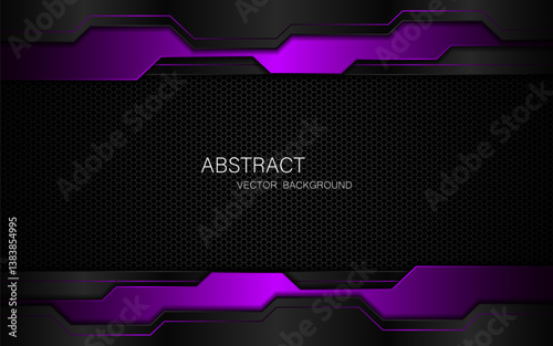 Abstract black and purple polygons on dark steel mesh background. with free space for design. modern technology innovation concept background	