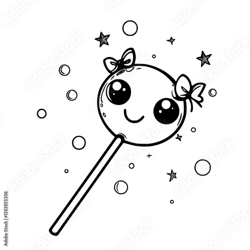 Kawaii bubble wand coloring book vector art, Kawaii bubble wand illustration art