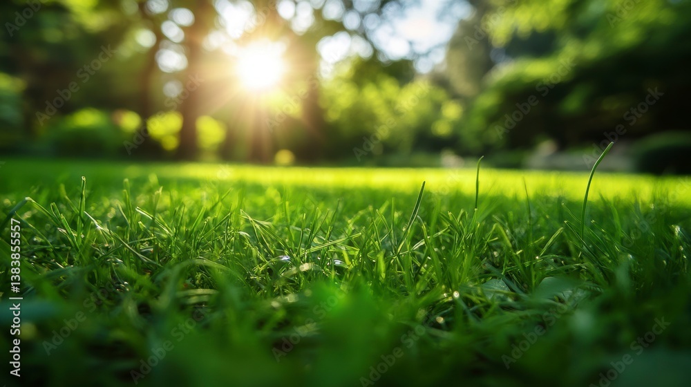 Naklejka premium Lush green grass in a sunlit park.