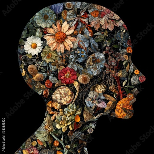 Floral Mindscape: A Mosaic of Botanical Thought in Profile on Black, Exploring the Interplay of Nature and Cognition