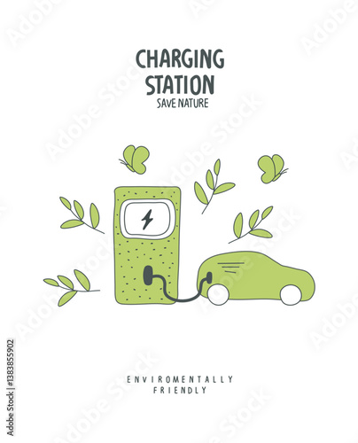 Vector hand drawn sketch charging station of elecrtic car. illustration of Environmentally friendly planet. Think Green. Alternative energy concept.