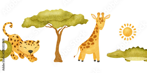 Photography Seamless border of crocodile, giraffe, leopard, south trees, sun