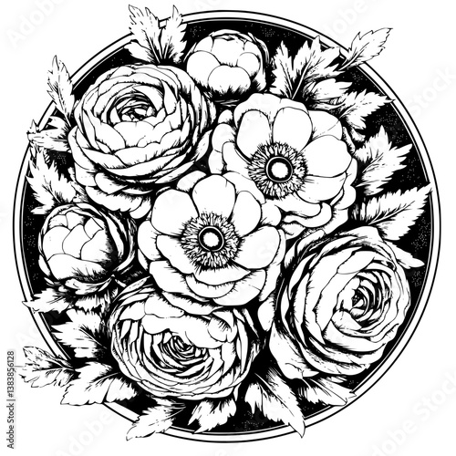 Ranunculus mandala vector design, Ranunculus illustration art