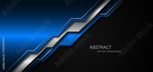 Abstract blue and silver polygons on dark steel mesh background. with free space for design. modern technology innovation concept background	