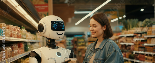 Young caucasian female shopping with robot assistant in grocery store