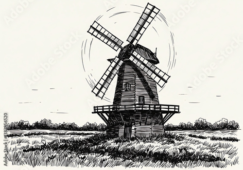 Windmill drawing sketch vector illustration vintage architecture art