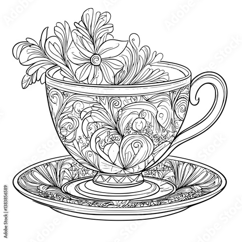 Teacup coloring book vector art, Teacup illustration art