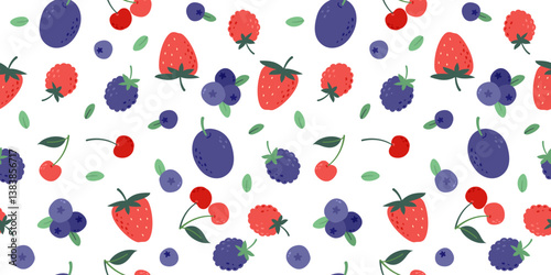 Fruits and Berries Colorful Seamless pattern. Plum, Blueberry, Strawberry, Cherry, Blackberry. Hand drawn print for textile fabric design. Vector illustration