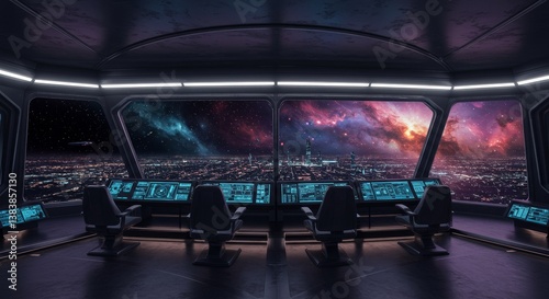 Fototapeta Naklejka Na Ścianę i Meble -  Futuristic Cityscape From Space Station Bridge - Breathtaking view of a futuristic city at night, seen from a spaceship bridge with vibrant nebulae in the background