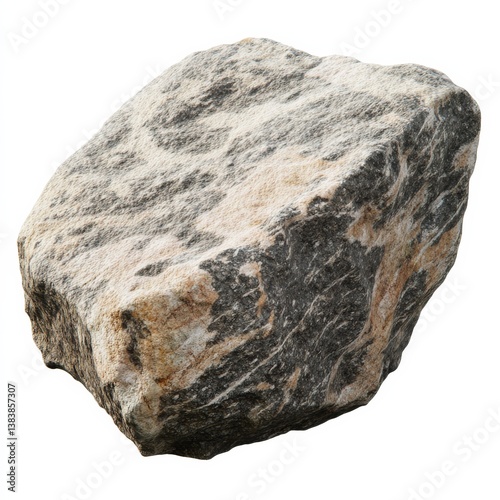 Textured Metamorphic Rock: Close-up of a banded gneiss stone specimen against a white background, revealing complex geological patterns