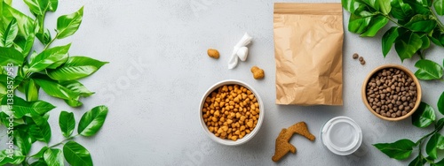 Wallpaper Mural Natural Pet Food Composition with Bowl and Packaging on Gray Surface Torontodigital.ca