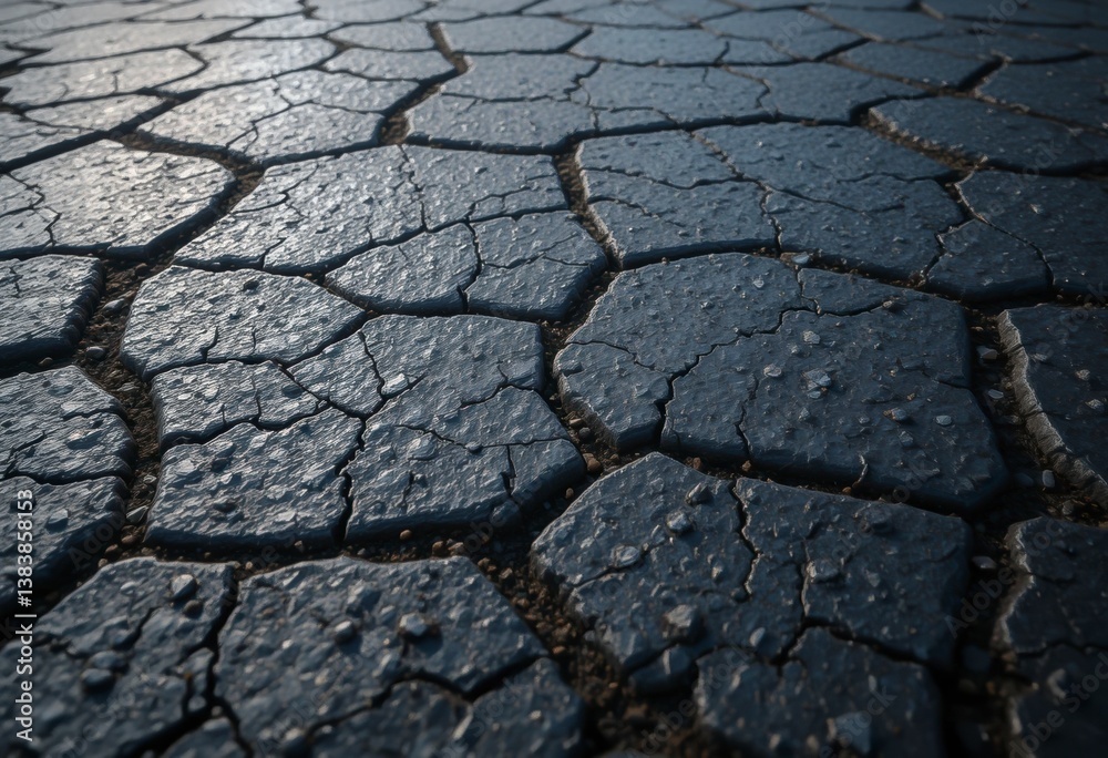 Fototapeta premium Close-up of an old black asphalt road with rough texture, cracks, and embedded gravel. Detailed, weathered pavement perfect for backgrounds, textures, and urban designs