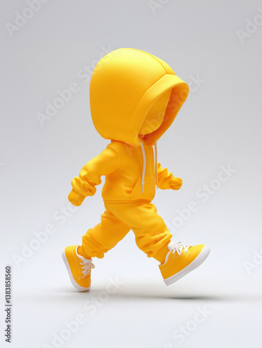 3D child figure in a yellow hoodie walking confidently. Minimalist design on a light gray background. Modern and friendly visual style.