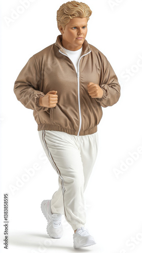 Young man with a robust build jogging, wearing a brown and white tracksuit. White background, photorealistic style, serious expression.