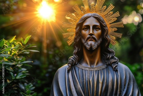Bronze statue of Jesus Christ with a golden radiant halo, illuminated by sunset sunlight in a natural setting. The face expresses serenity and majesty.