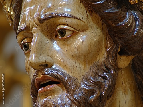 Close-up of a hyper-realistic wooden sculpture of Jesus Christ with a suffering expression. Polychrome carving showing pain and humanity in exquisite detail.