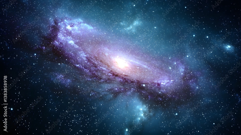 Fototapeta premium A breathtaking celestial panorama unfolds, revealing a majestic spiral galaxy. Captured in stunning detail, this image showcases vibrant cosmic dust, stellar nurseries.