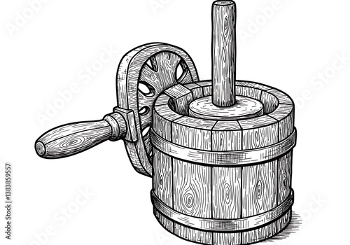 Vintage butter churn illustration antique dairy farm equipment drawing photo