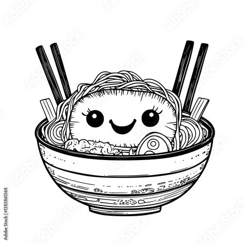 Cup of smiling ramen coloring book vector art, Cup of smiling ramen vector graphic