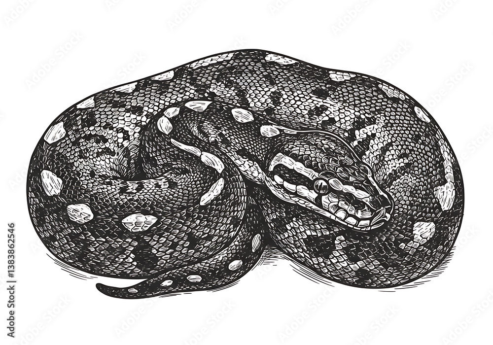 Fototapeta premium Detailed black and white python snake drawing reptile illustration art
