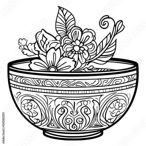Singing bowl coloring book vector art, Singing bowl vector graphic