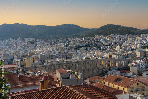 Kavala, Greece – Sunset Over Kavala from a Lookpoint, Capturing the Old City and Aqueduct
