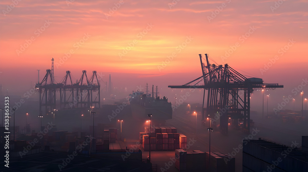 Obraz premium Sunrise Over Industrial Container Port